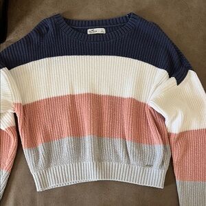 Hollister Striped Crew Neck Sweater - Navy, White, Pink, Gray